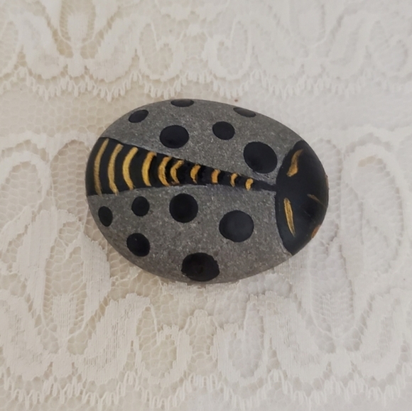 Painted Elegant Black Gray and Gold Ladybug Rock, hand painted ladybug Rock - Picture 7 of 8